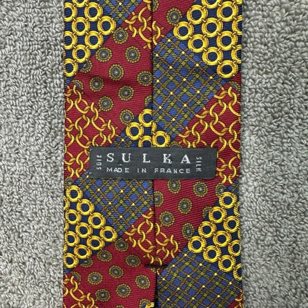 Sulka France Silk Tie Burgundy Red Gold Yellow Blue Geometric Chain Patchwork
